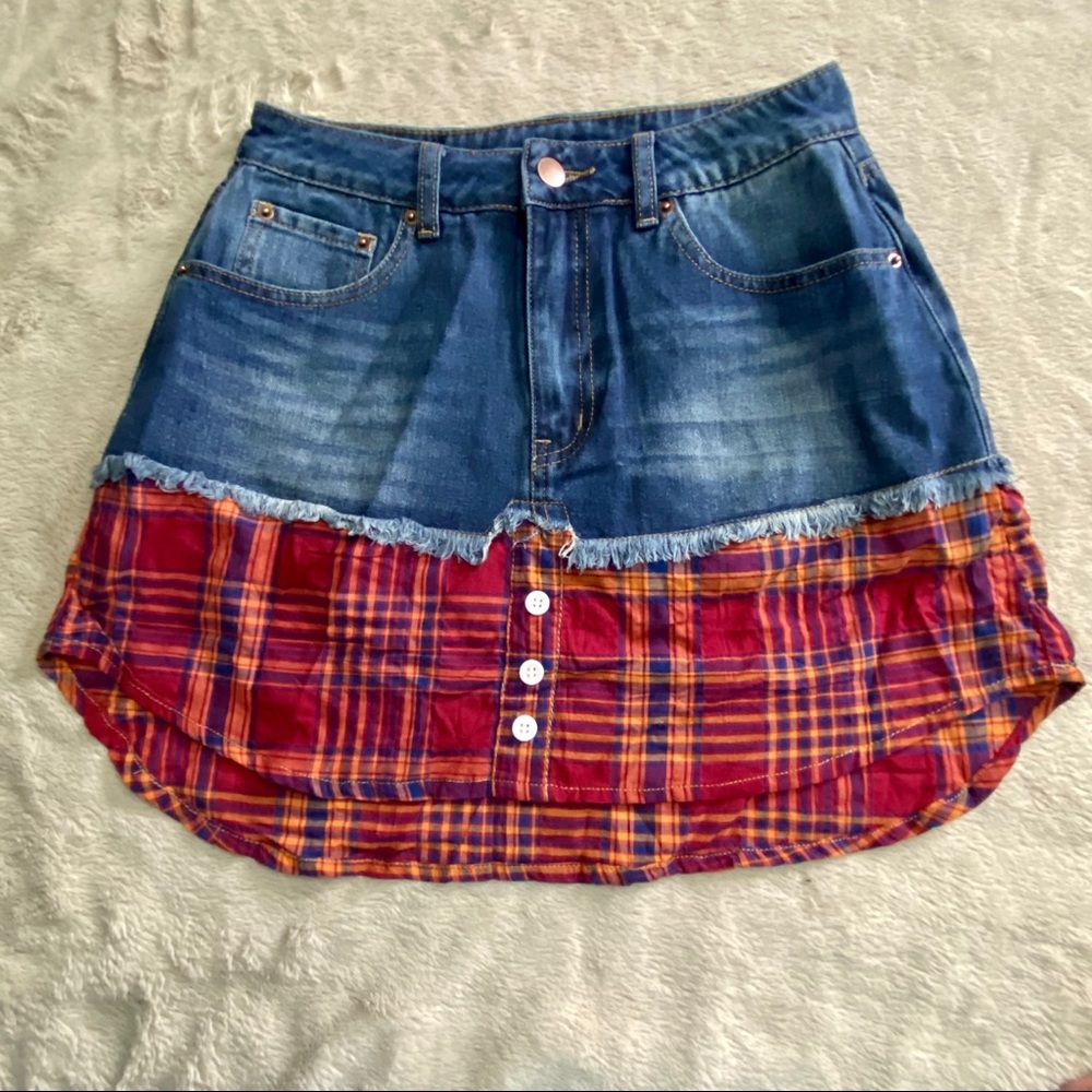 Contrast denim plaid skirt
